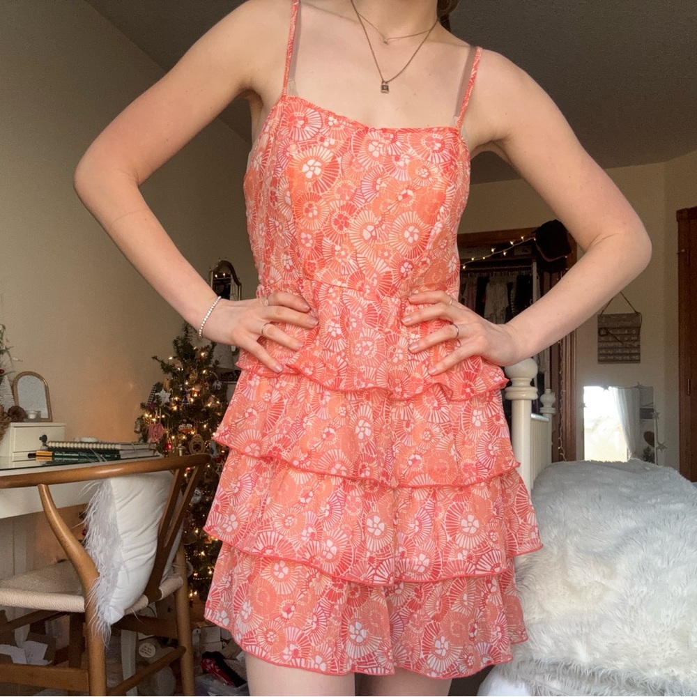 aeropostale orange floral ruffled tiered mini dress